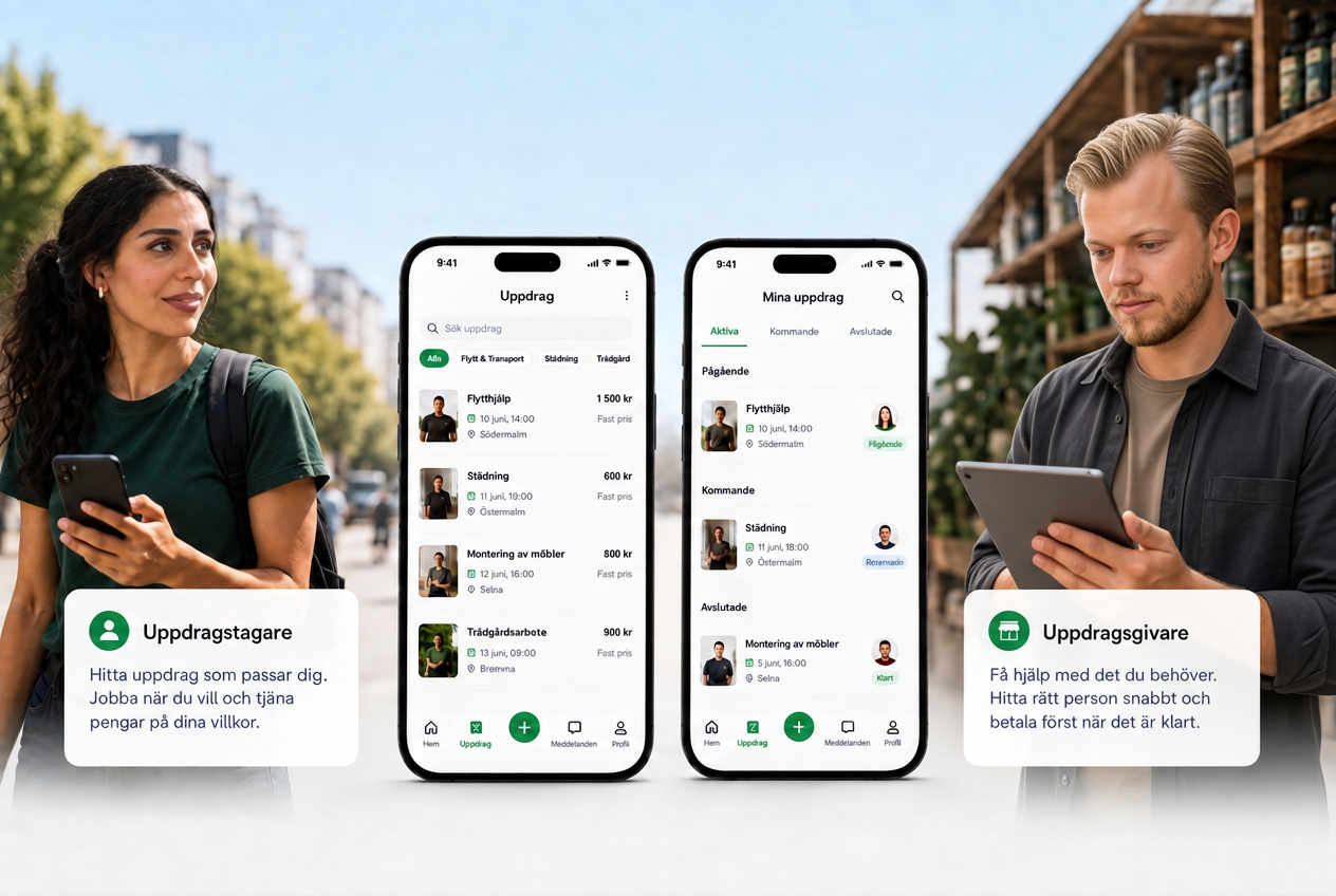 En uppdragstagare och en uppdragsgivare använder Giggera-appen på varsin mobil